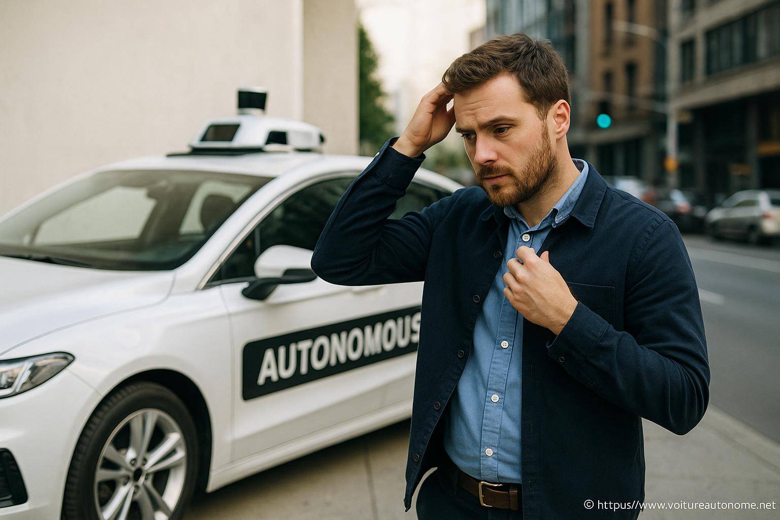 Homme pensif devant voiture autonome