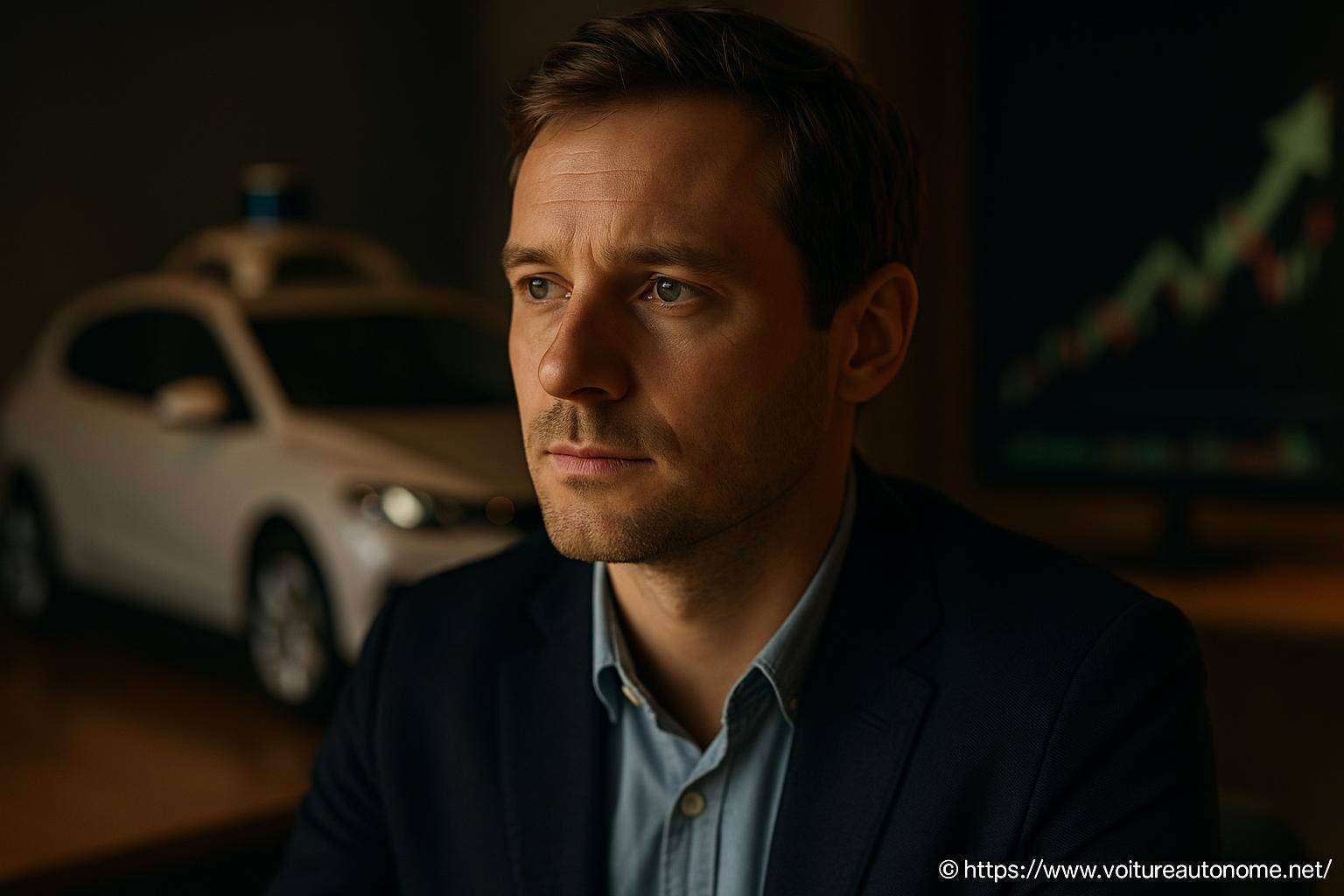 Homme pensif devant voiture autonome et graphique