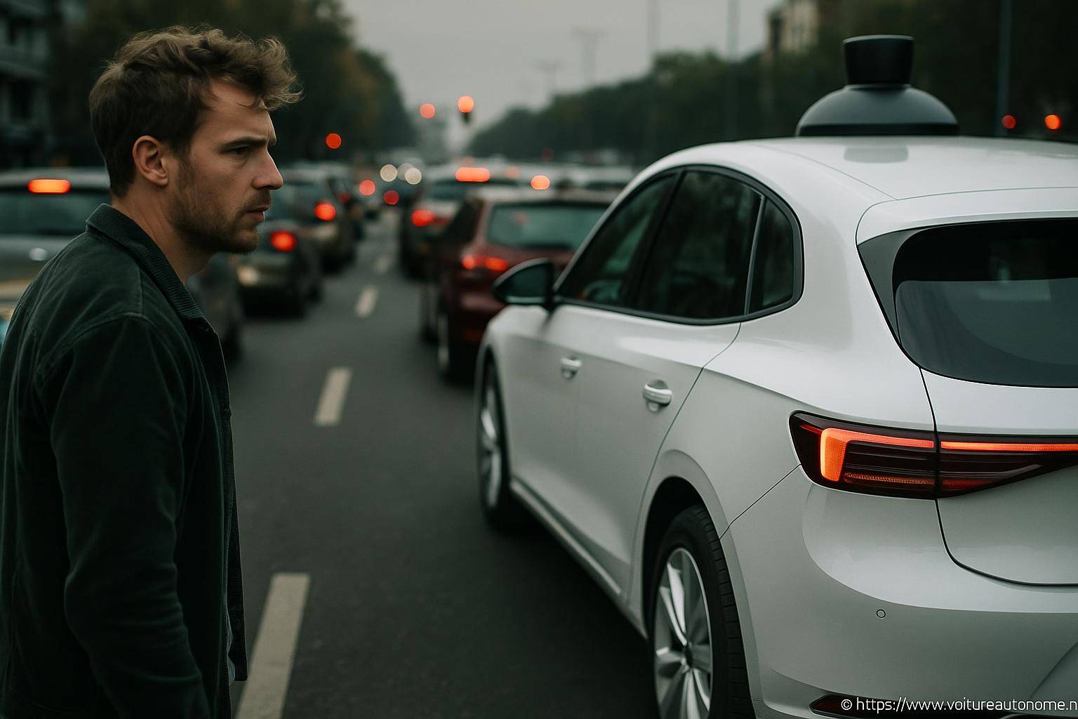 Homme observant une voiture autonome en ville