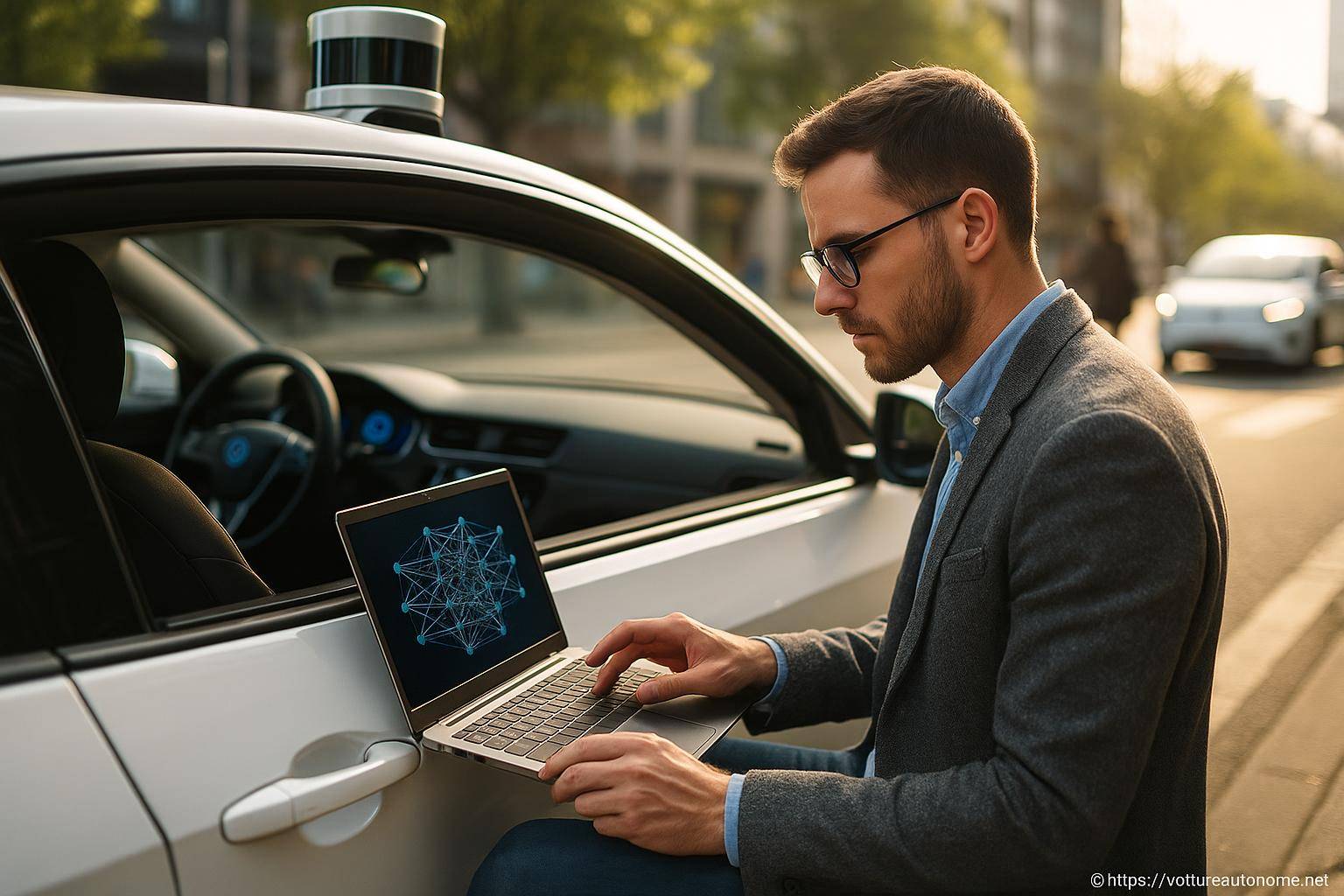 Homme travaillant sur ordinateur près voiture autonome