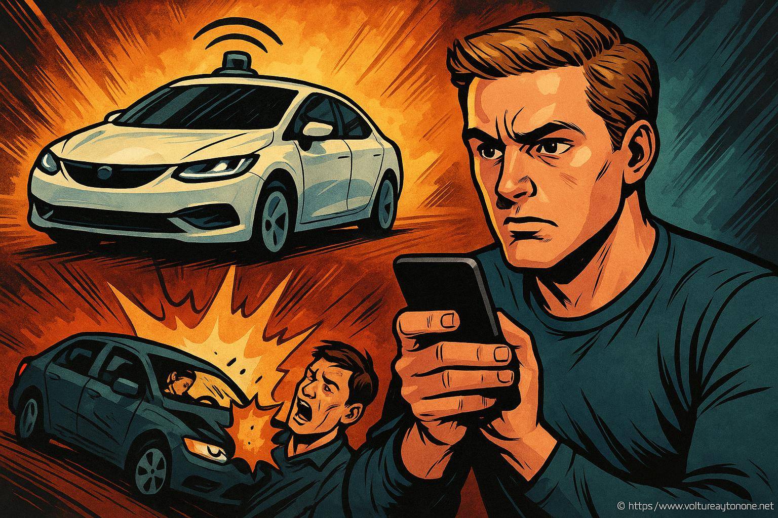 Homme préoccupé utilisant smartphone avec voitures