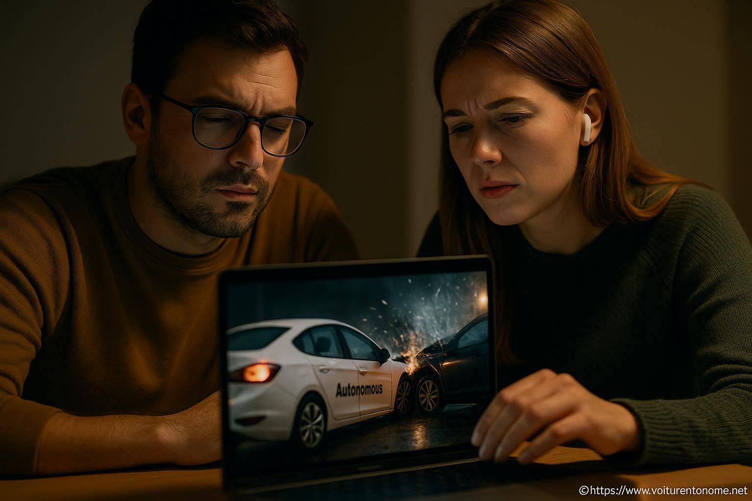 Couple regardant un accident de voiture autonome