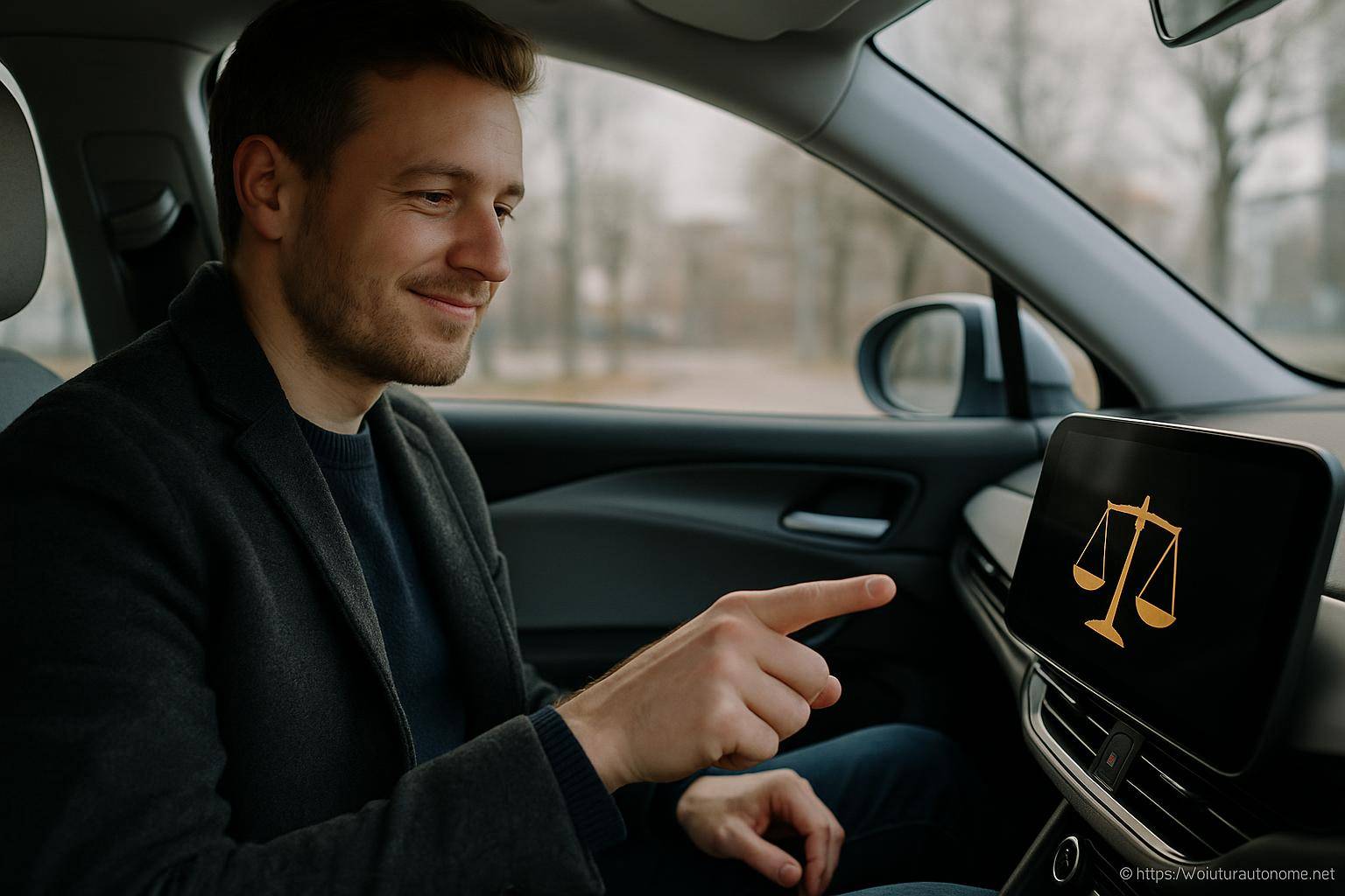 Homme utilisant écran voiture balance justice