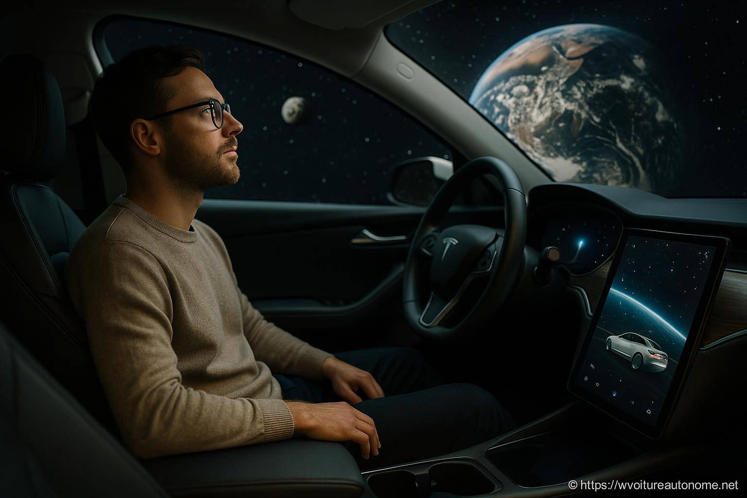 Homme dans voiture Tesla en espace