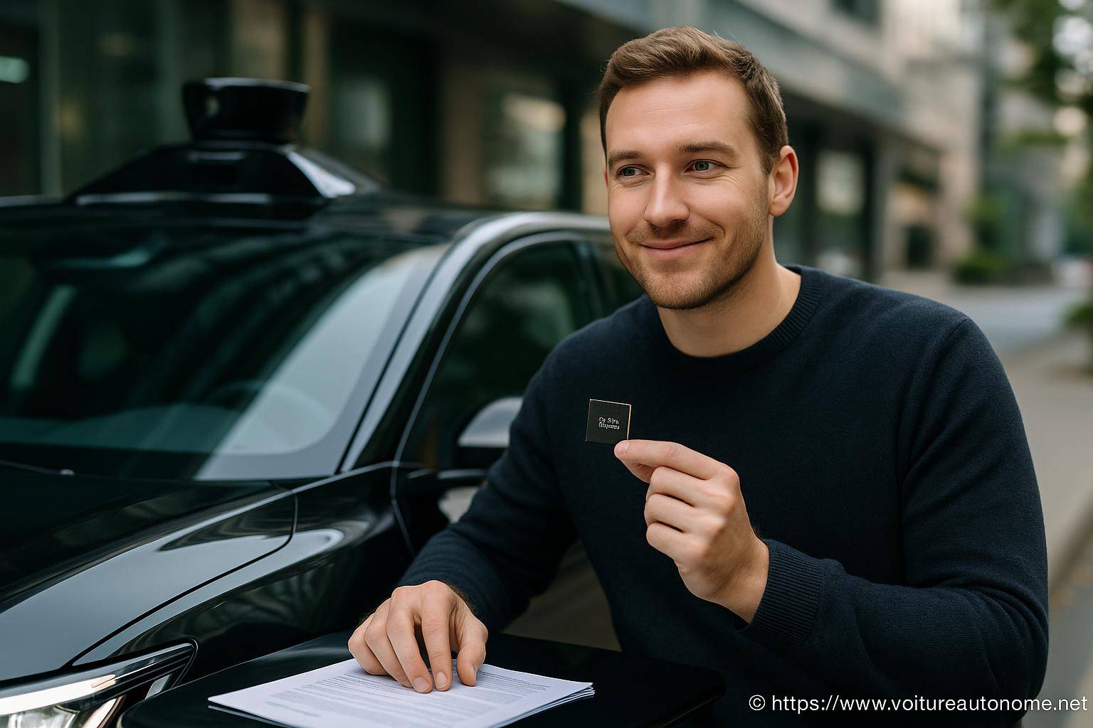 Homme tenant une puce électronique devant voiture autonome