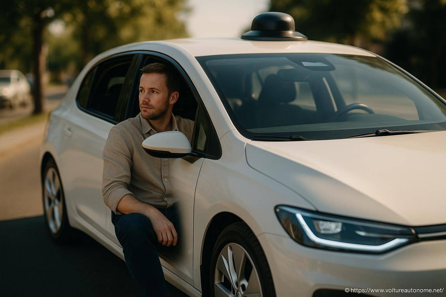 Homme assis à côté d'une voiture blanche