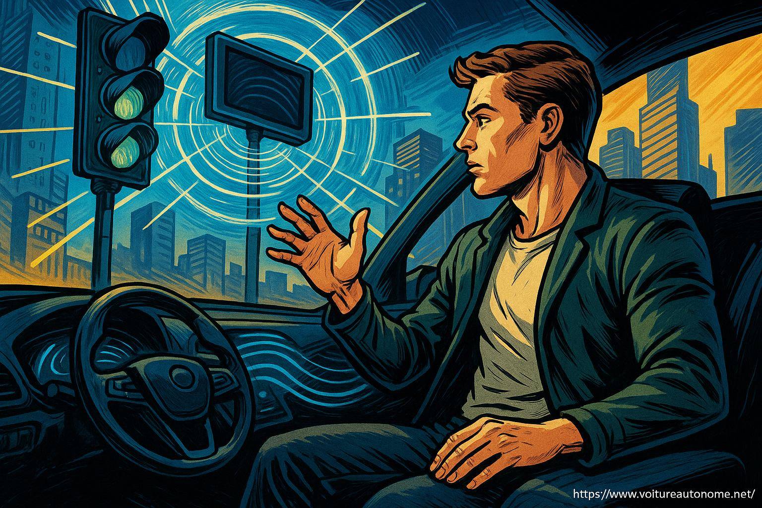 Homme dans voiture autonome regardant signal