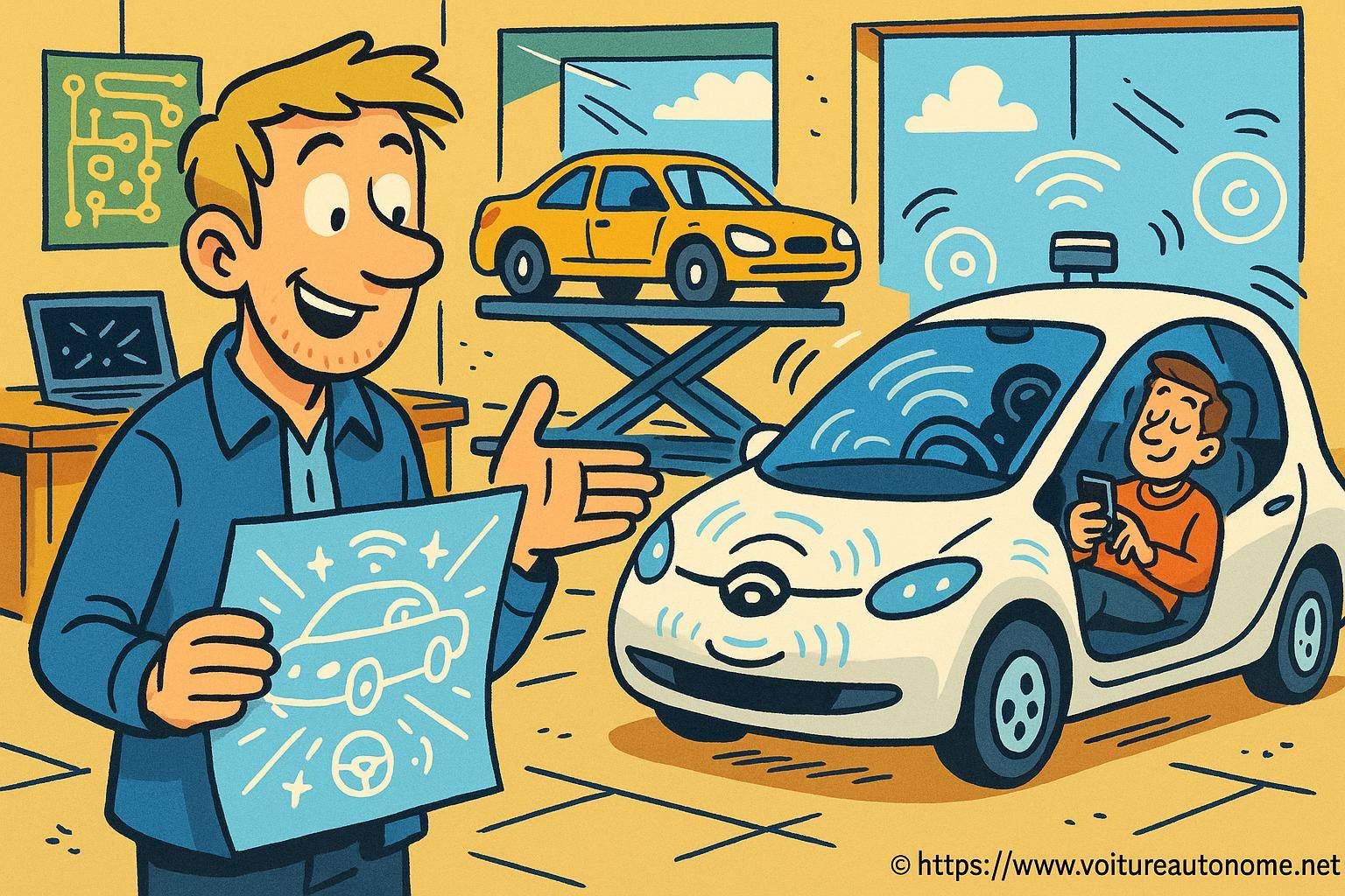 Ingénieur présentant voiture autonome connectée