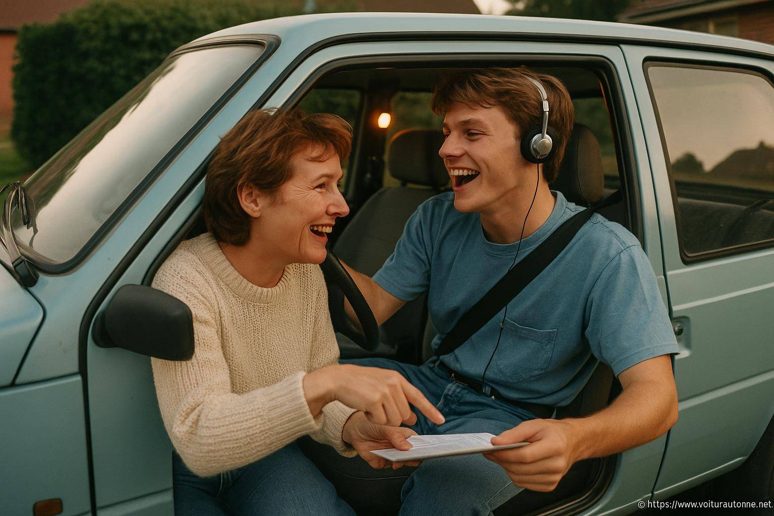 Jeune homme et femme riant dans voiture