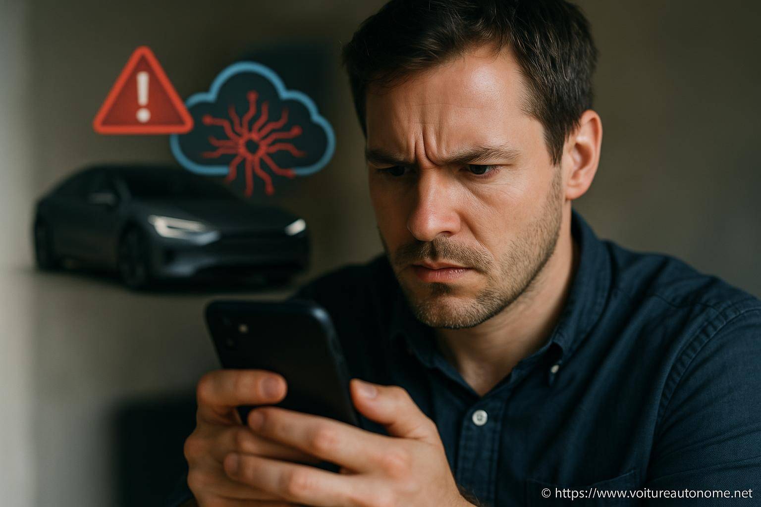 Homme inquiet vérifiant une alerte voiture connectée