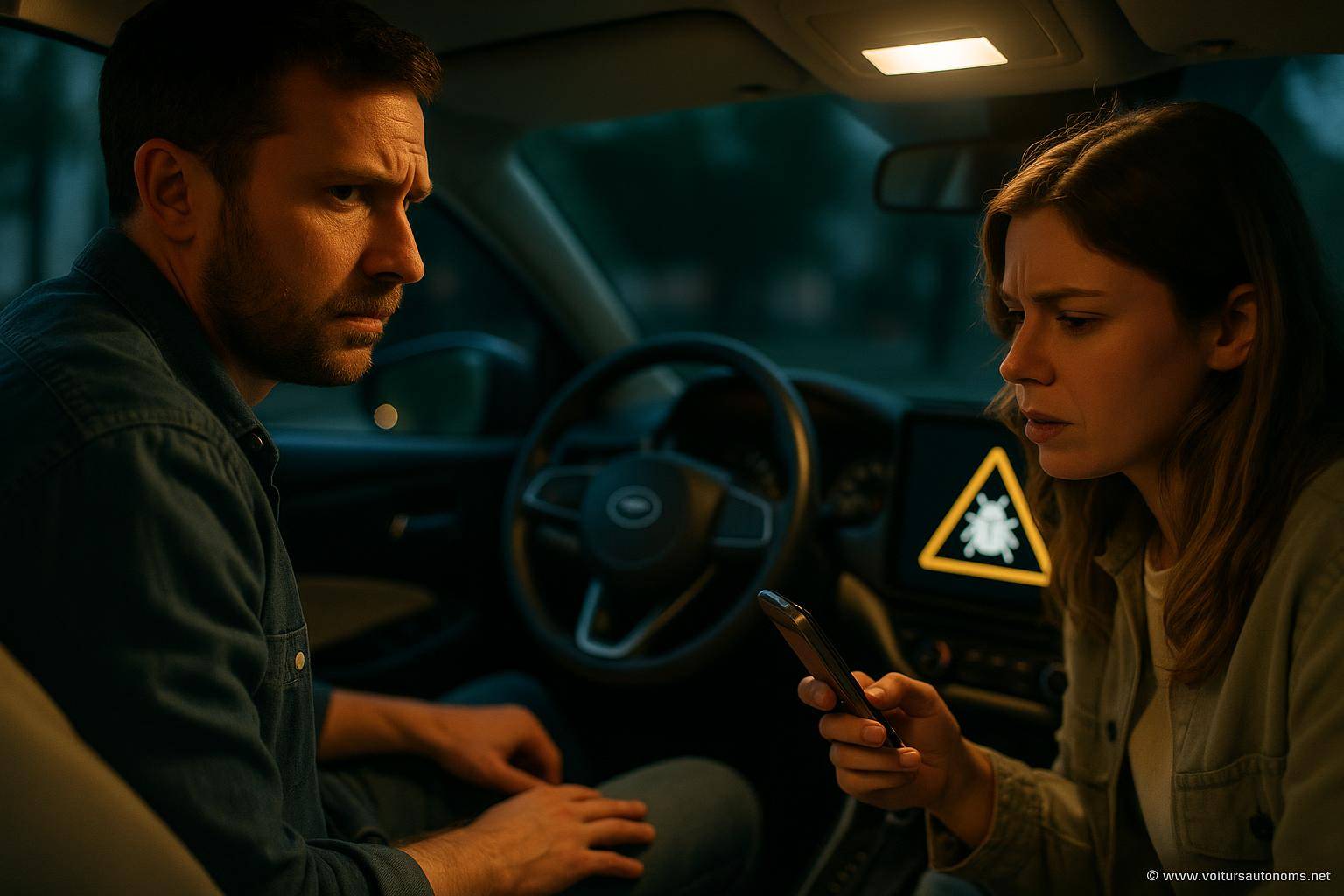 Couple inquiet dans une voiture la nuit