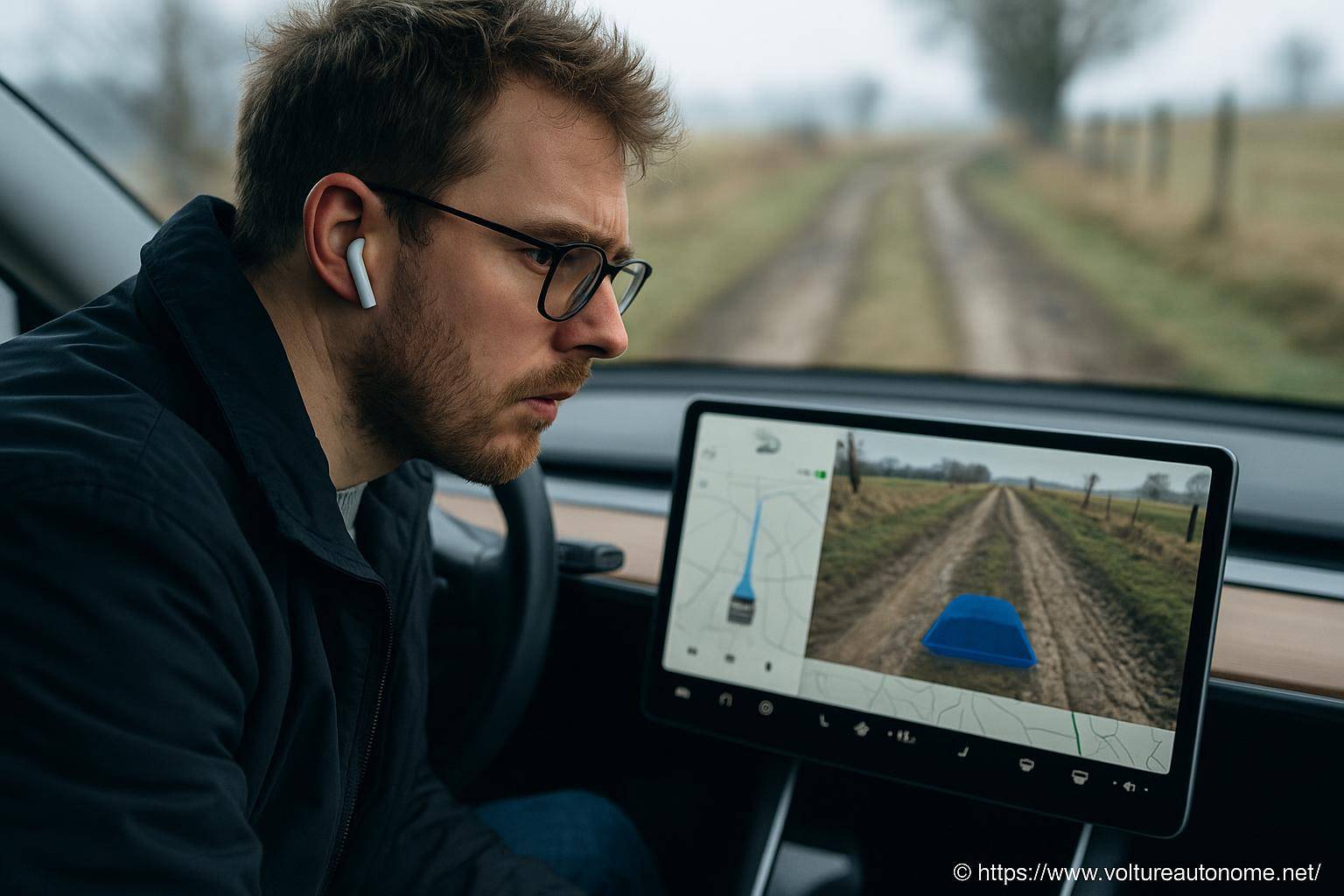 Homme consultant GPS voiture sur chemin rural