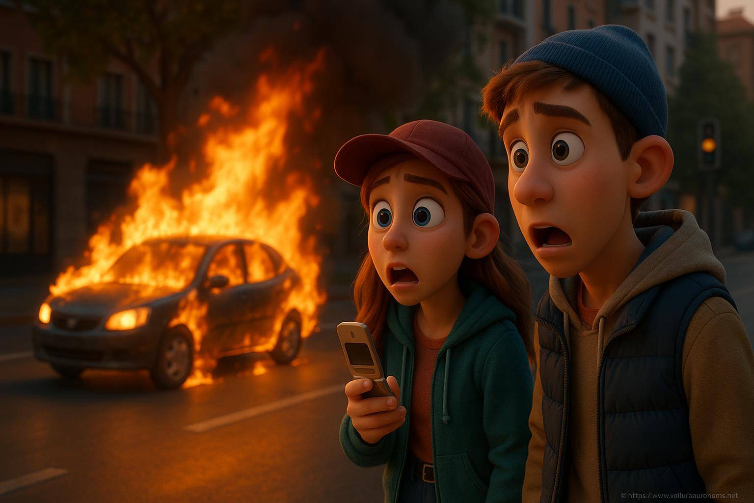 jeunes surpris devant voiture en feu