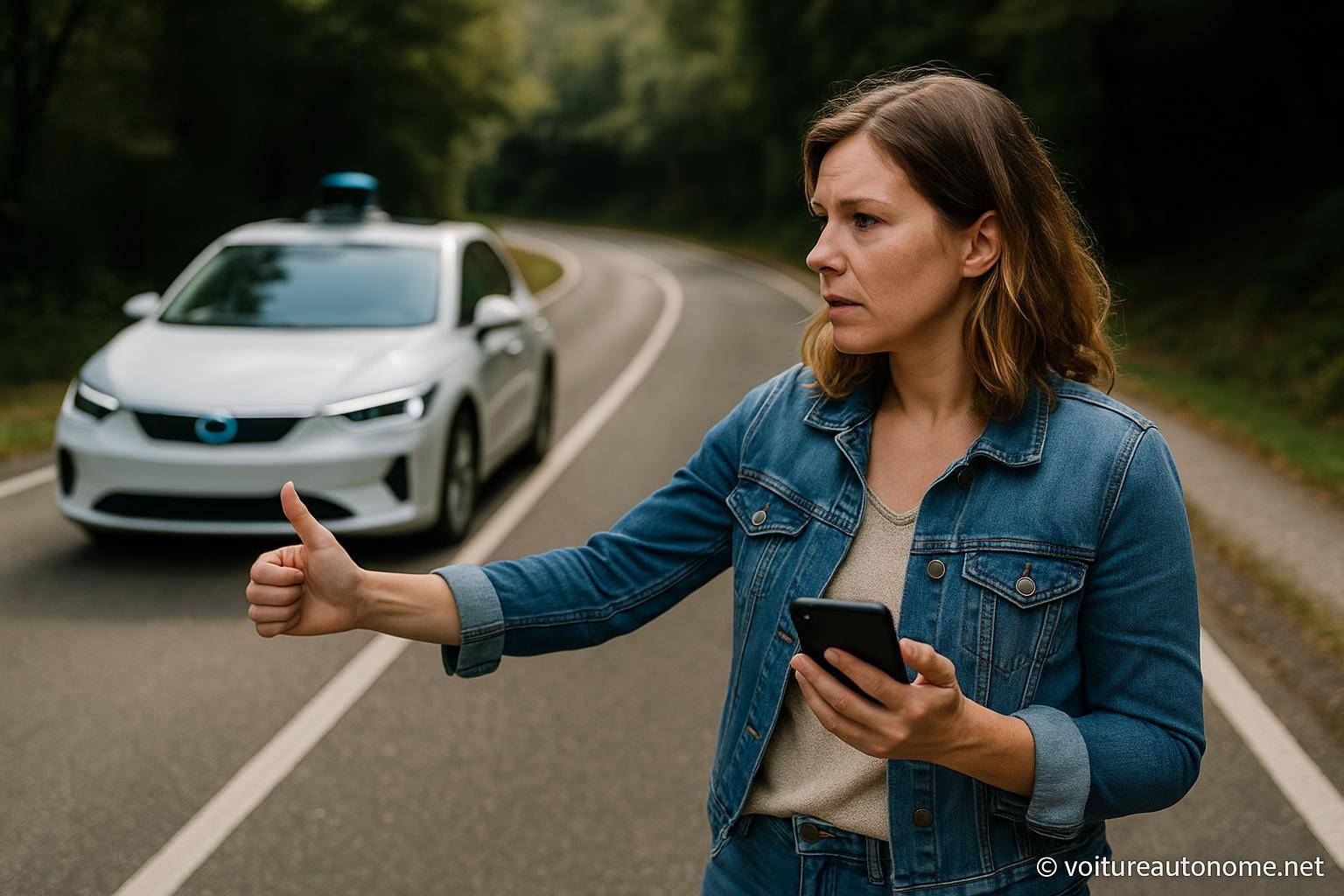 Femme faisant du stop devant voiture autonome