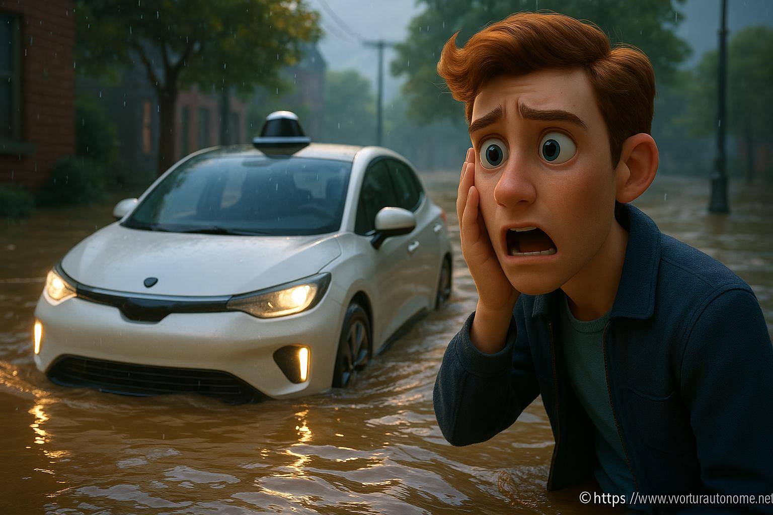 Jeune homme choqué devant voiture inondée