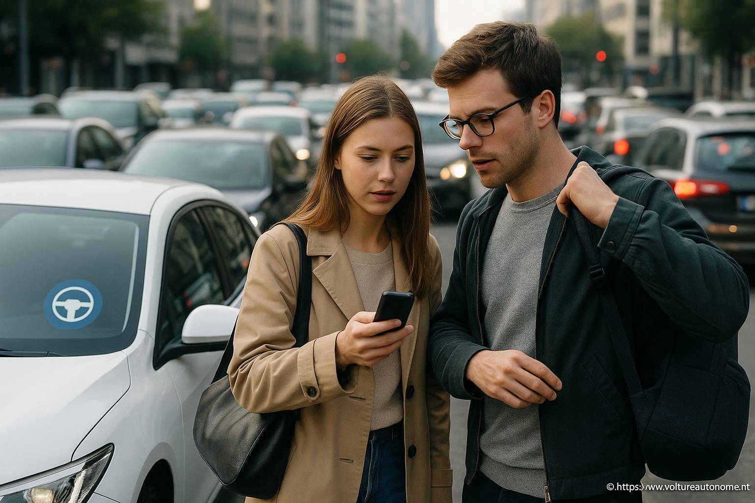 Jeune couple consultant smartphone en ville