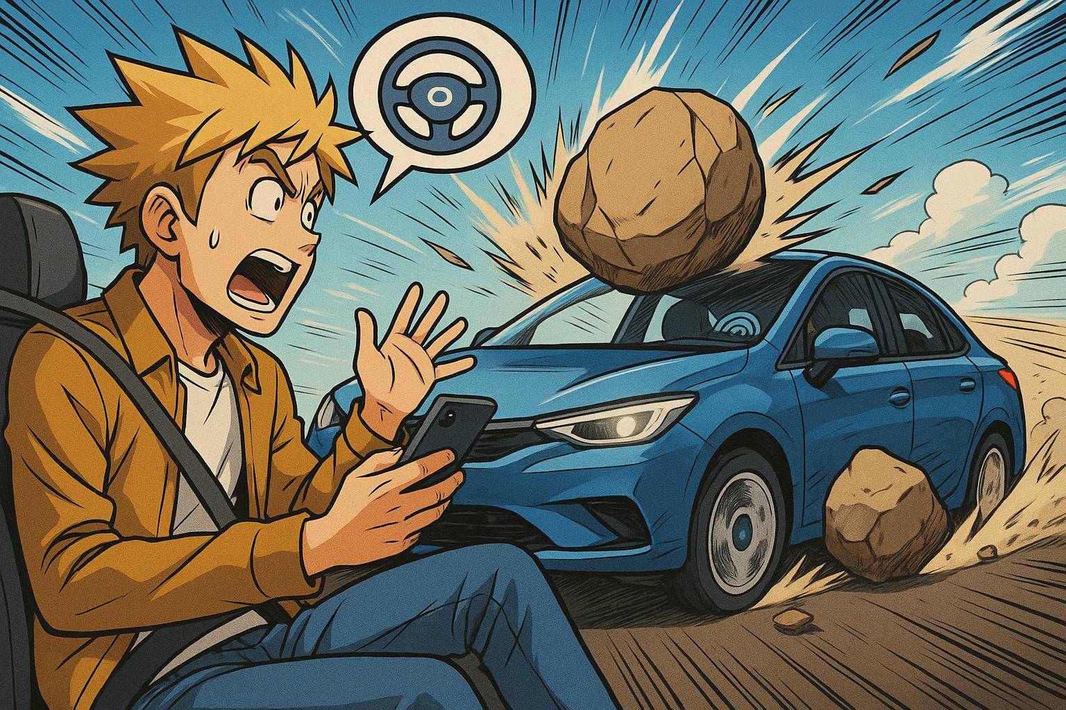 Jeune homme distrait au volant menace rochers