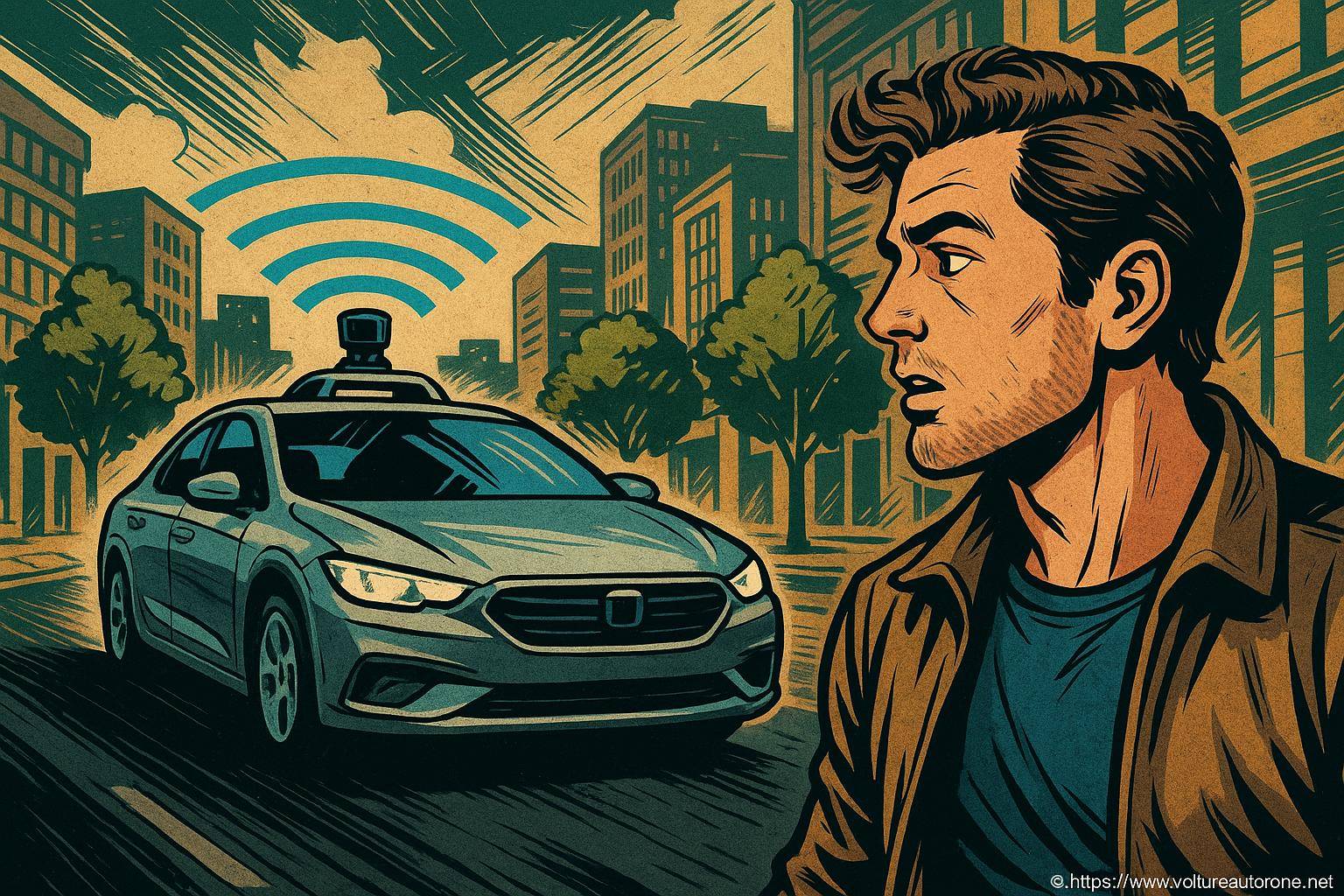 Homme surpris par voiture autonome connectée
