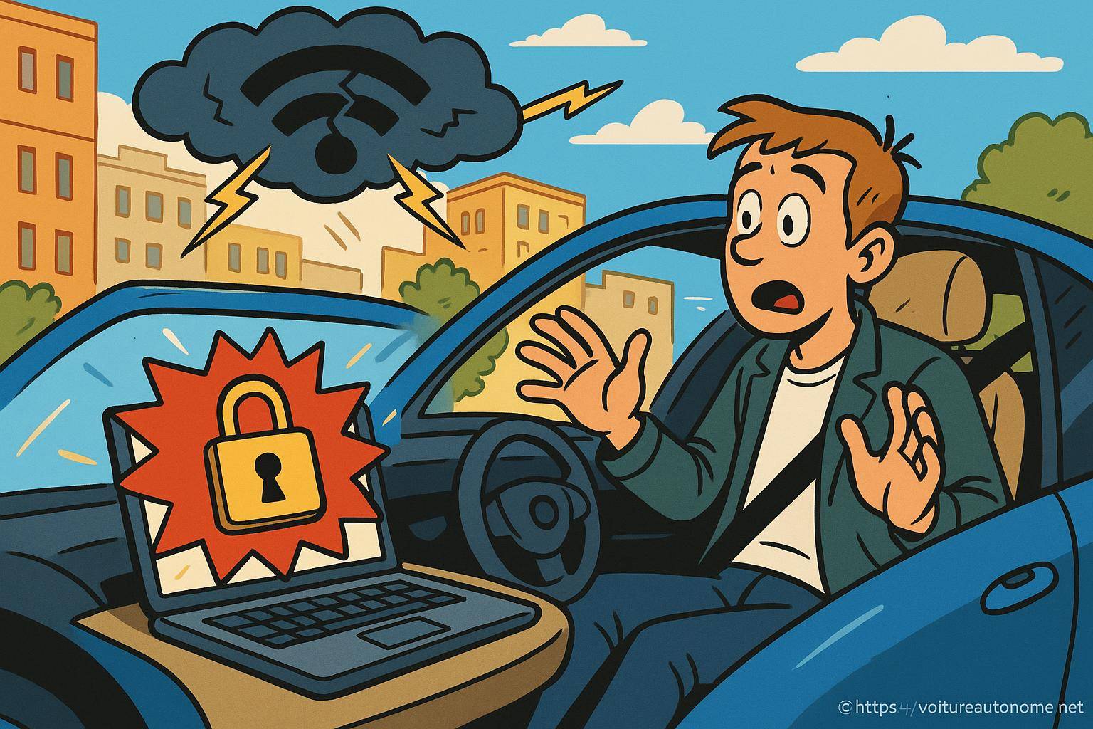 Homme surpris par panne de connexion wifi voiture