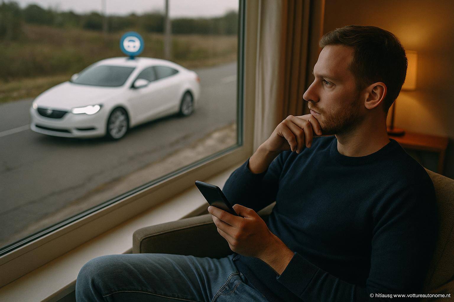 Homme pensif regardant un taxi blanc
