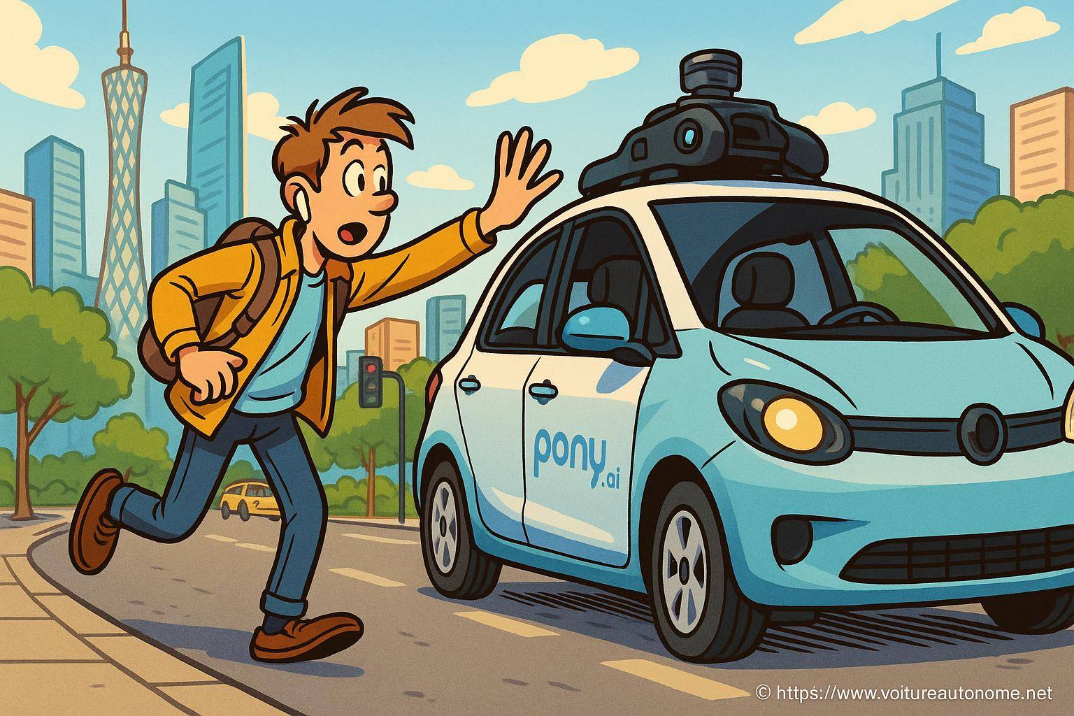 jeune homme courant vers voiture autonome pony ai
