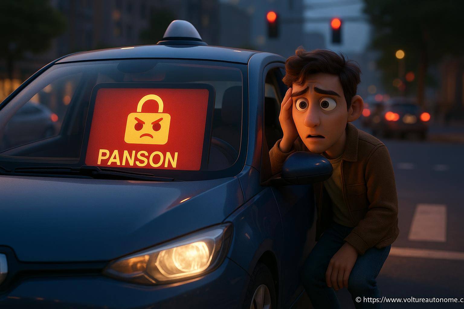 Jeune homme inquiet devant voiture avec panneau rouge