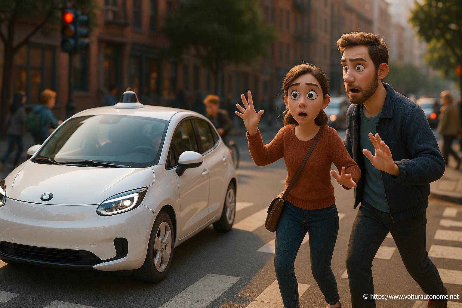 Couple surpris face à voiture autonome en ville
