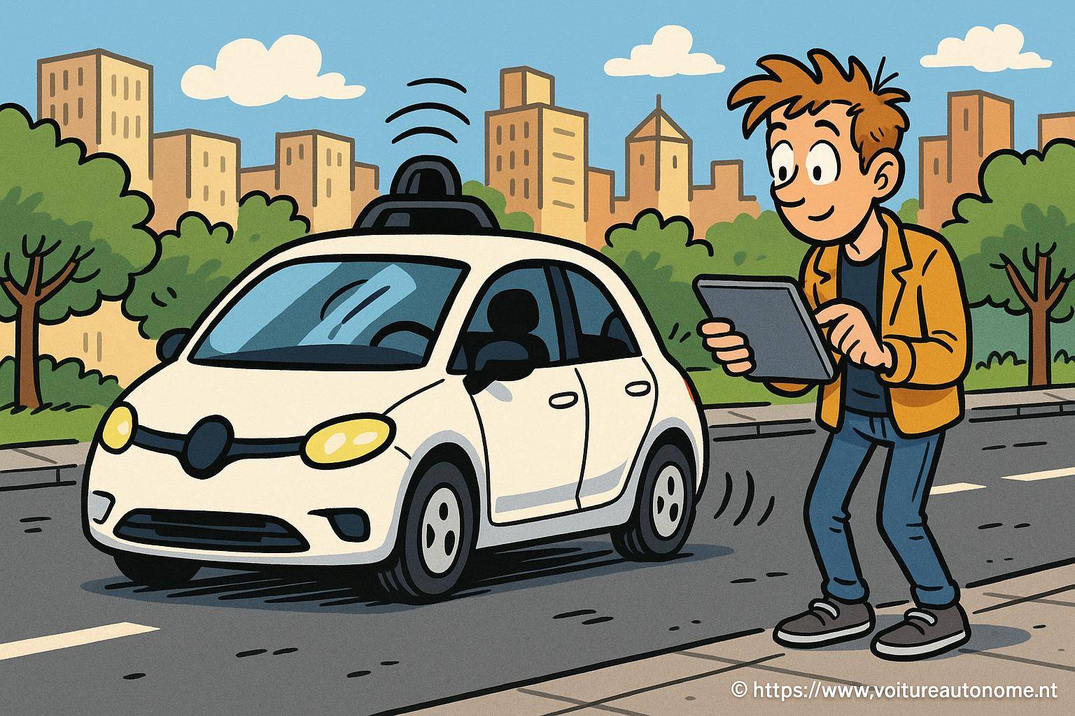 Jeune homme contrôle voiture autonome avec tablette