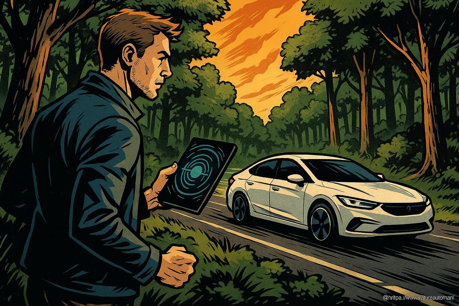 Homme avec tablette contrôle voiture autonome