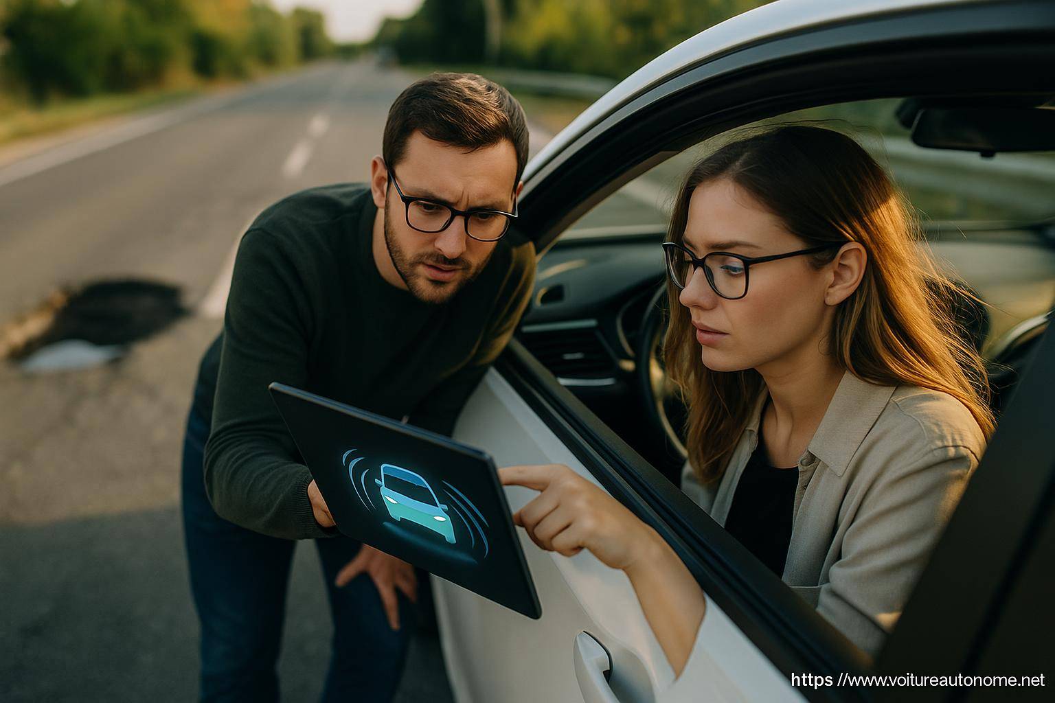 Couple utilisant tablette pour diagnostic voiture