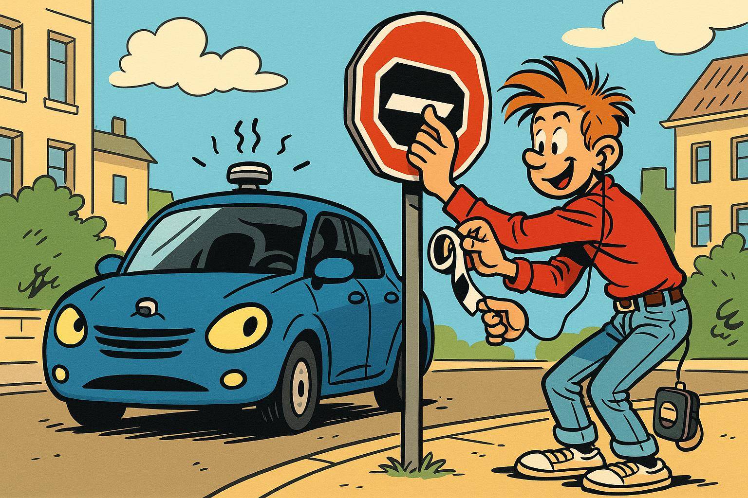 Garçon accrochant un papier sur panneau stop