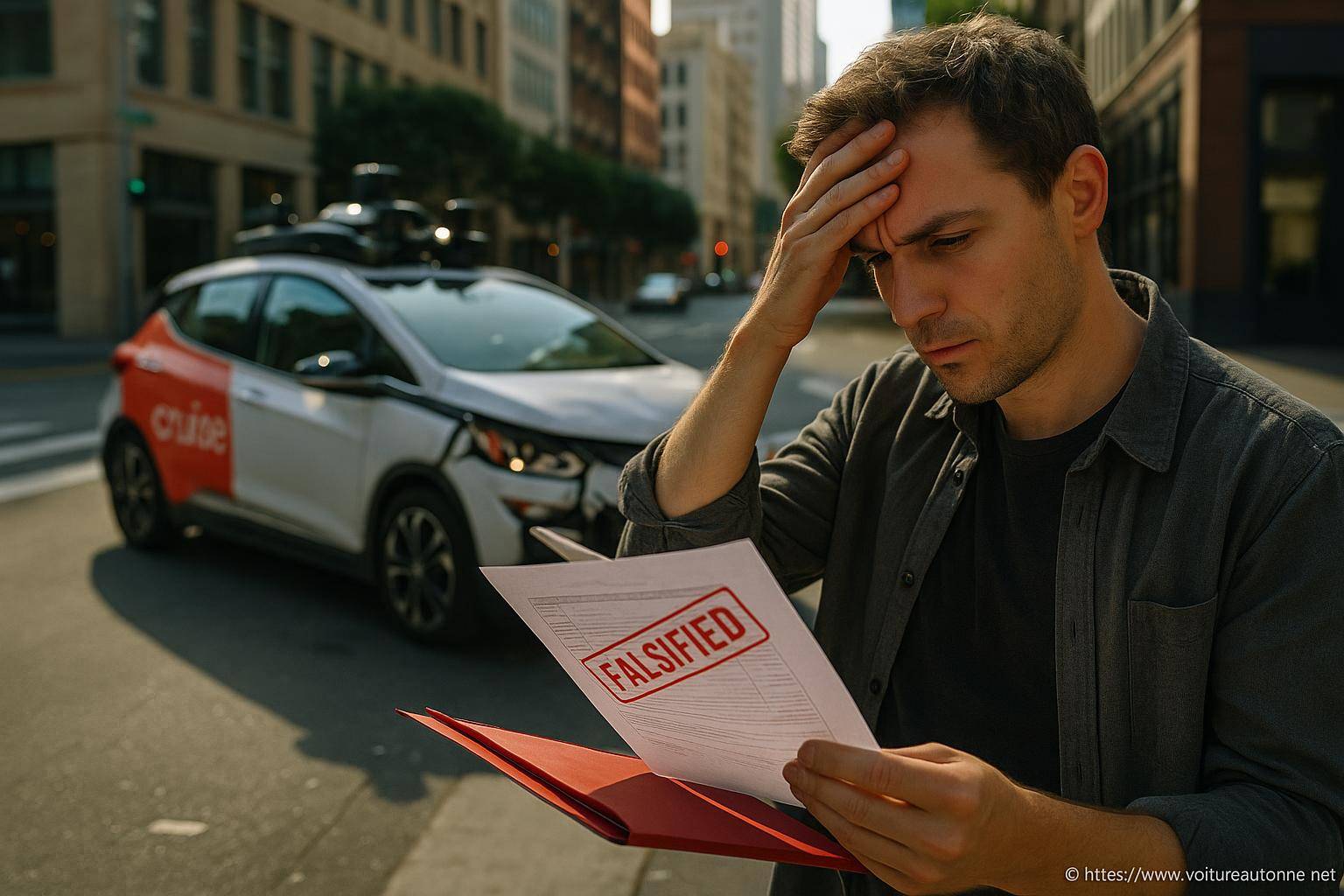 Homme stressé lisant document falsifié accident voiture