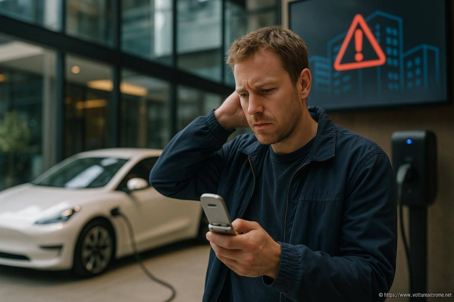 Homme inquiet vérifiant son téléphone près d'une voiture électrique en charge