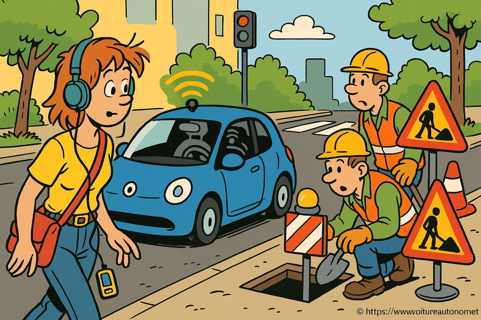 voiture autonome et ouvriers travaux publics