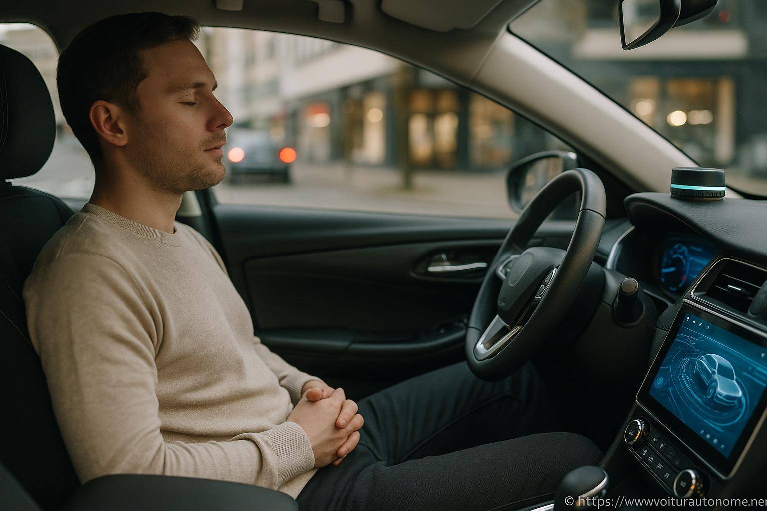 Homme assis dans voiture autonome yeux fermés