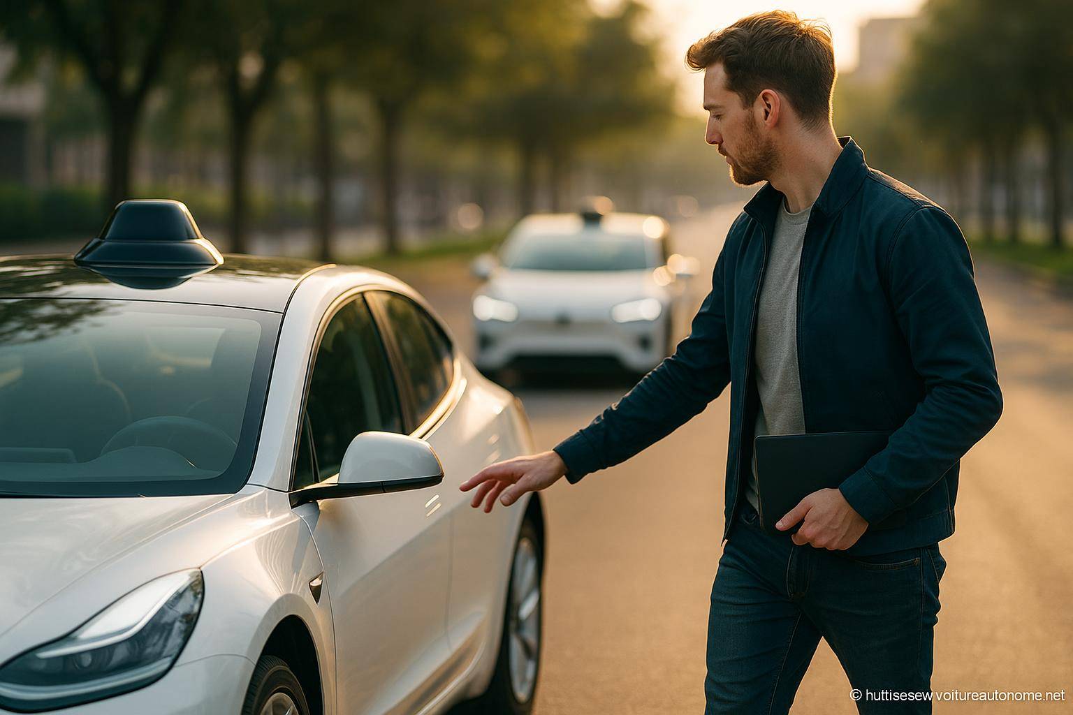 Homme ouvrant une voiture autonome blanche