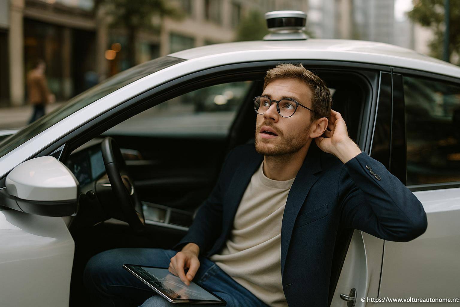Homme assis dans voiture autonome réfléchissant