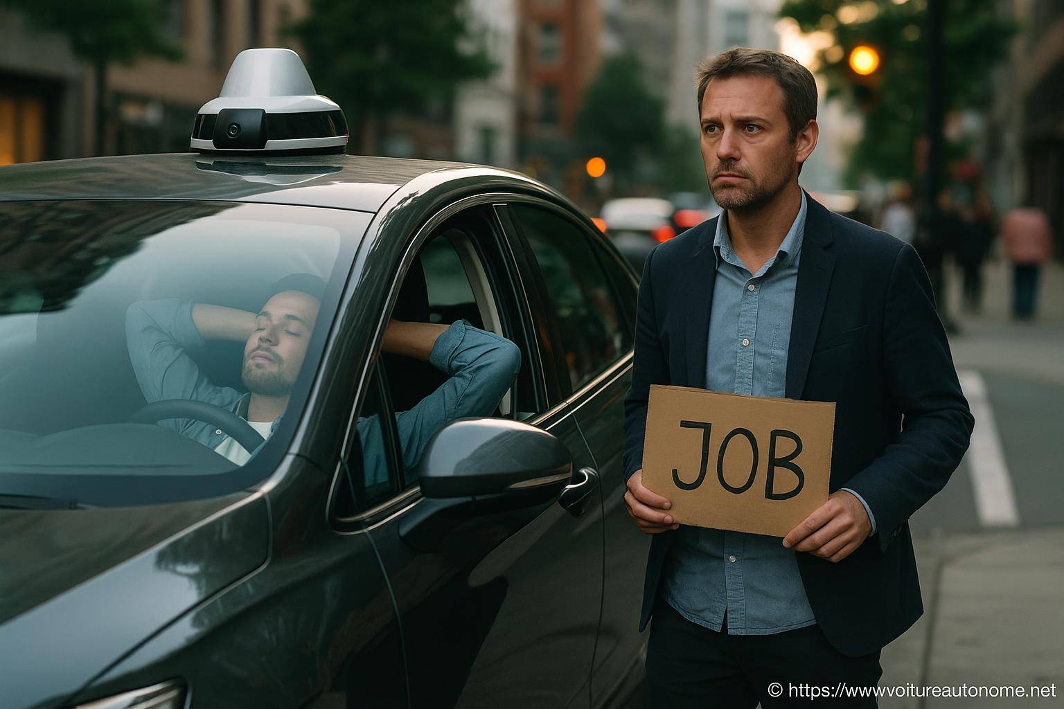 Homme cherche emploi avec panneau job