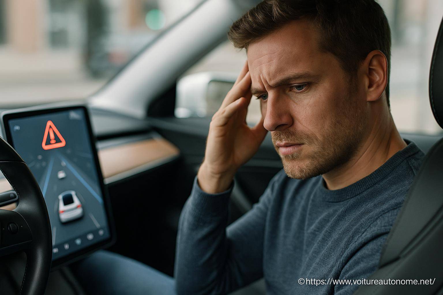Homme inquiet dans voiture autonome