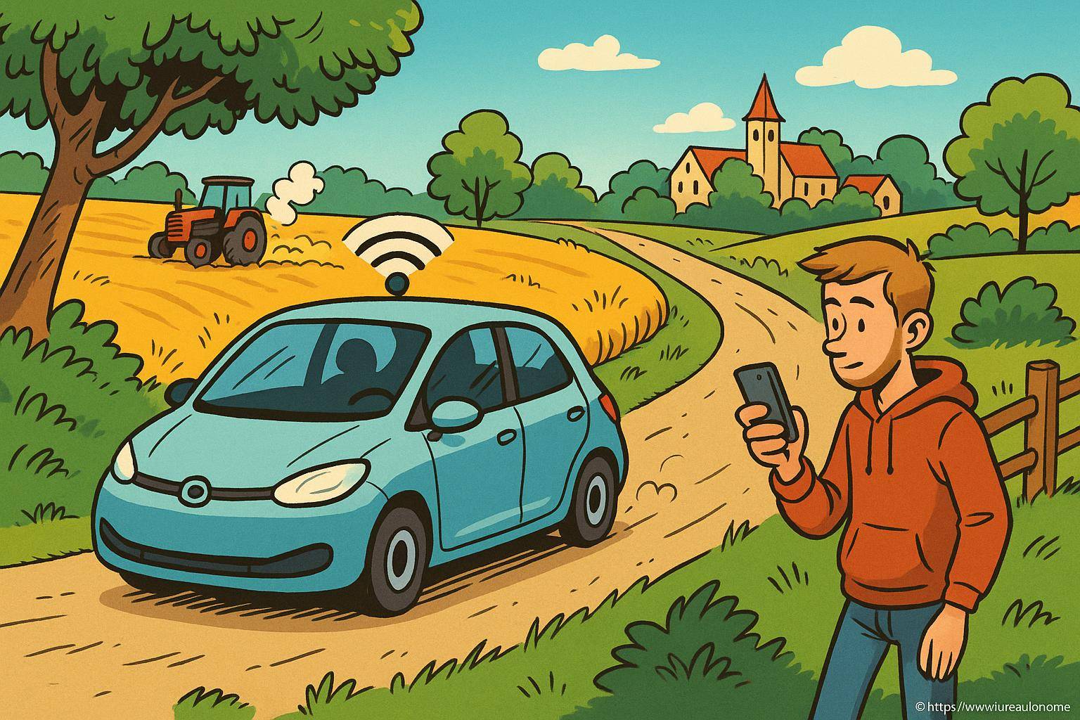 jeune homme avec voiture autonome campagne