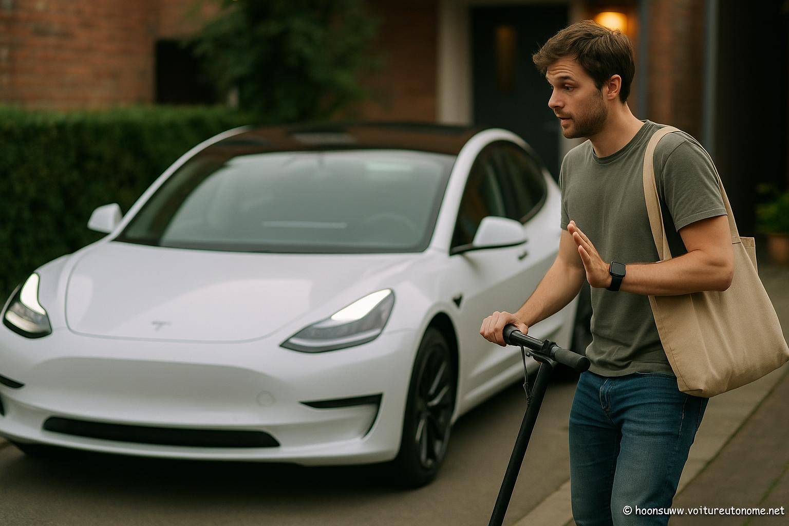 jeune homme avec trottinette électrique et voiture électrique
