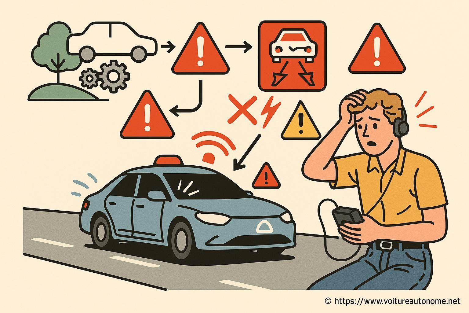 Voiture autonome en panne et homme inquiet