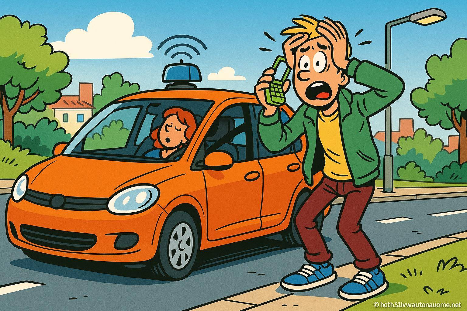 Homme paniqué appelant secours près voiture orange