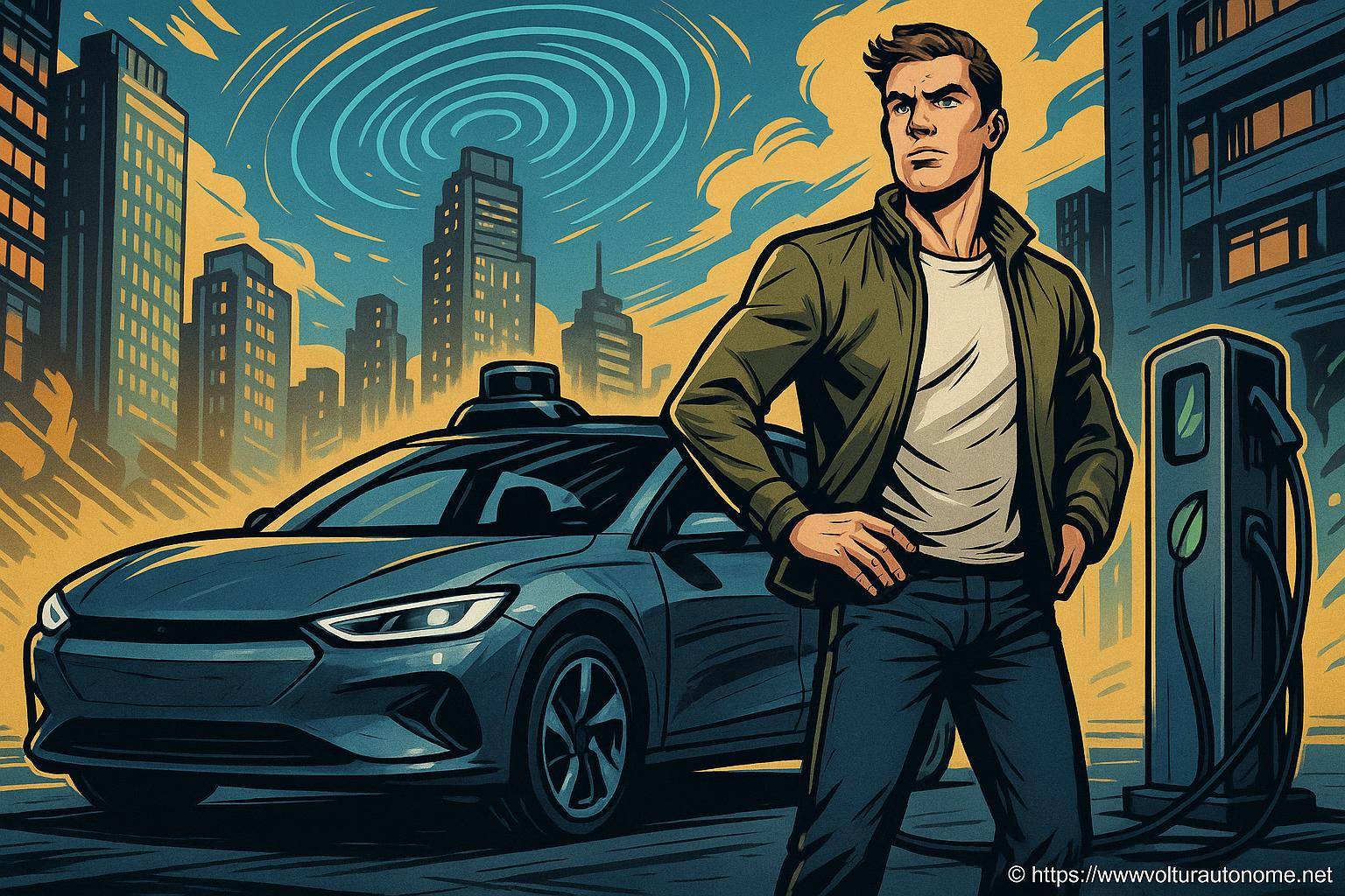 Homme debout près voiture autonome électrique