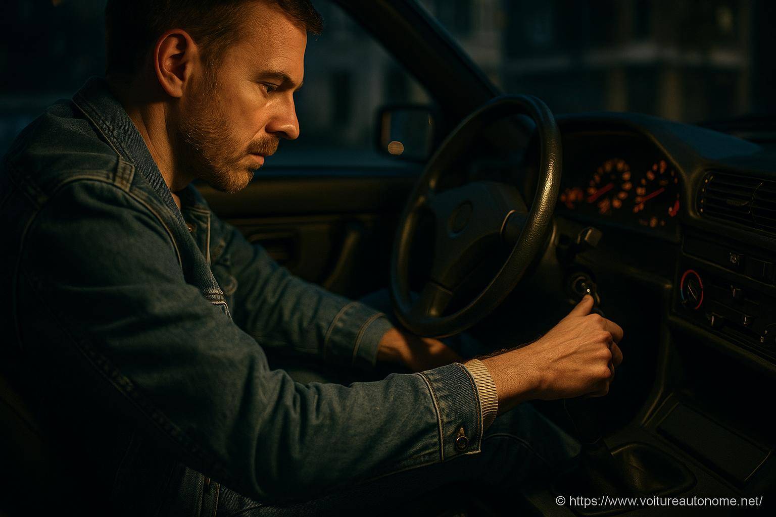 Homme allumant une voiture la nuit