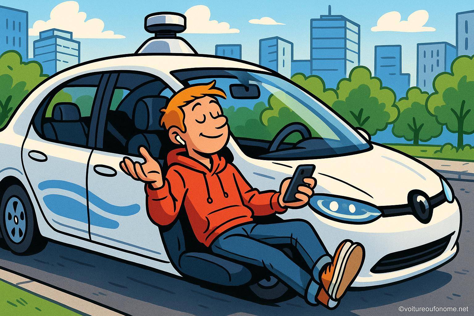 Jeune homme détendu dans voiture autonome