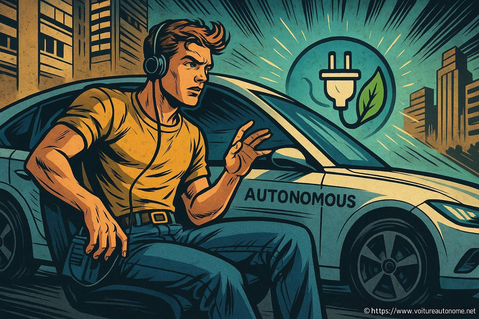 Homme dans voiture autonome électrique urbaine