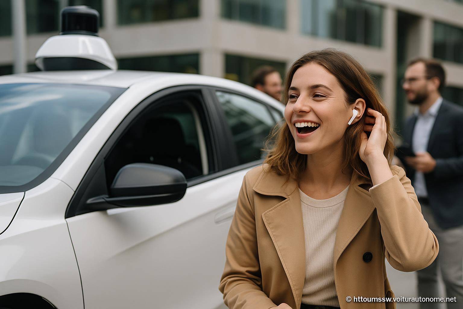 femme souriante avec voiture autonome blanche