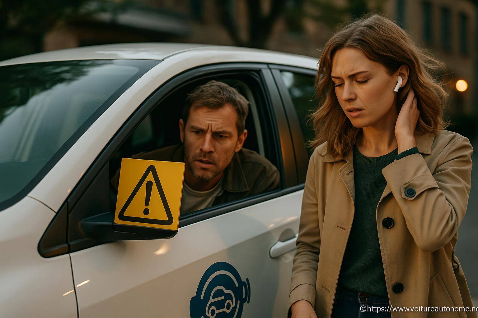 femme et homme près voiture avec panneau avertissement