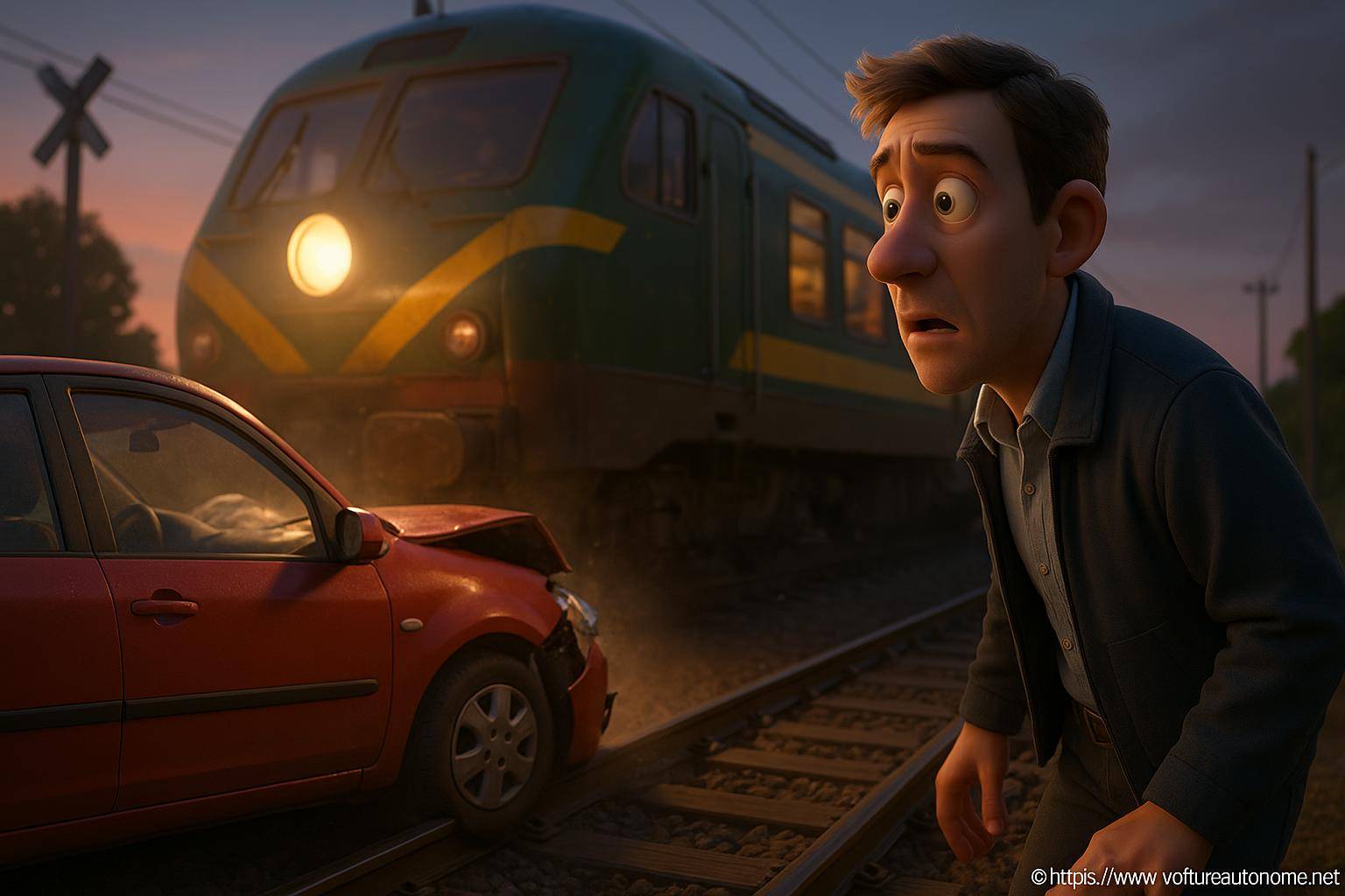 Homme choqué devant voiture accidentée train